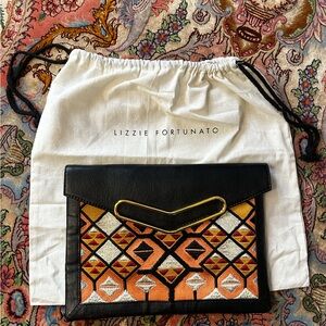 Lizzie Fortunato Leather and Embroidered Clutch with Gold Hardware